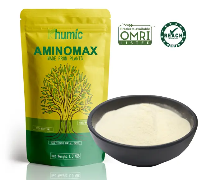 Aminomax: 100% water soluble plant-source amino acid powder (80%) biostimulant by KHUMIC GROUP