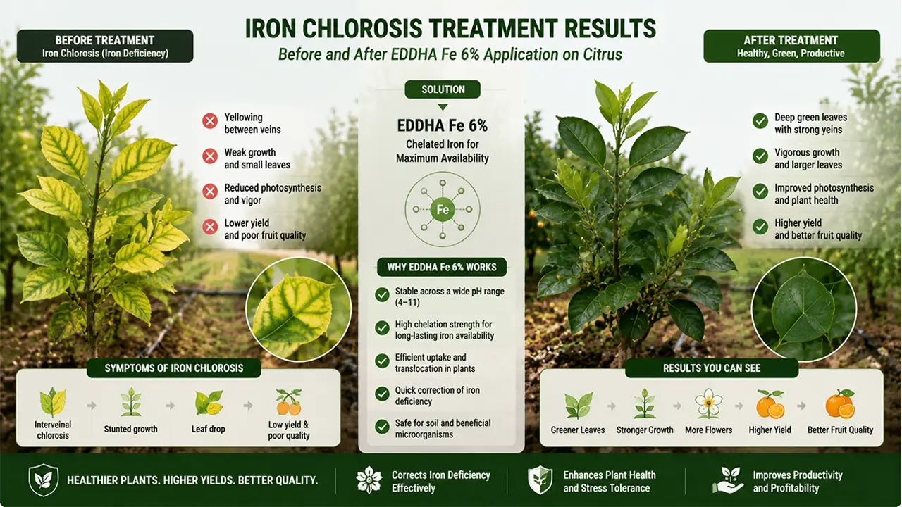 Iron chlorosis treatment results comparison: Before and after applying KHUMIC EDDHA Fe 6% Ortho-Ortho on yellowed leaves