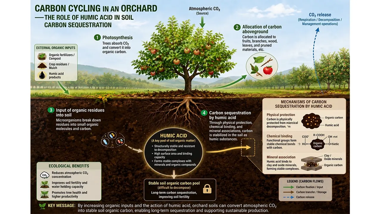 Infographic of carbon sequestration in orchards: How humic substances build stable soil organic carbon and support ESG compliance