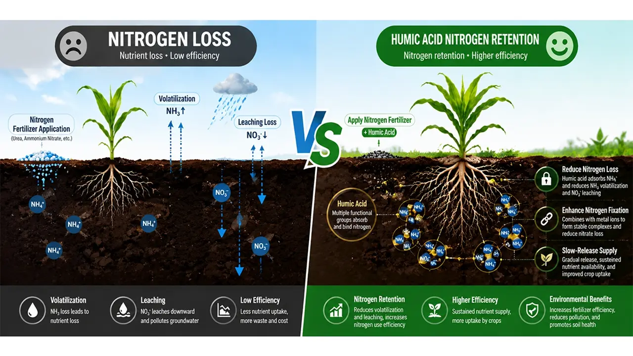 Infographic comparing Nitrogen Use Efficiency (NUE) with and without Potassium Humate showing reduced leaching and better root growth