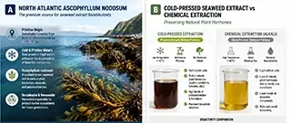 Infographic of North Atlantic Ascophyllum Nodosum: Comparing cold-pressed vs chemical seaweed extract for better fruit set - KHUMIC