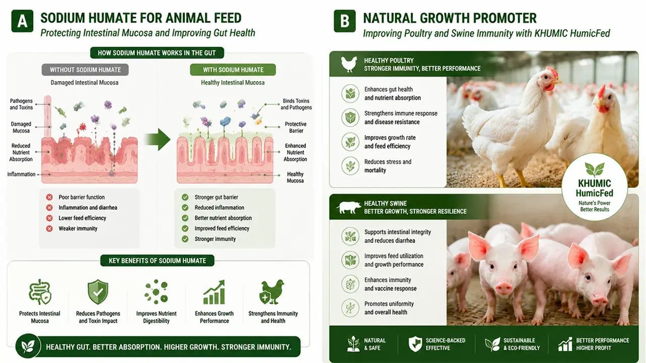 Infographic of sodium humate in animal feed: Protecting intestinal mucosa and acting as a natural growth promoter for swine and poultry
