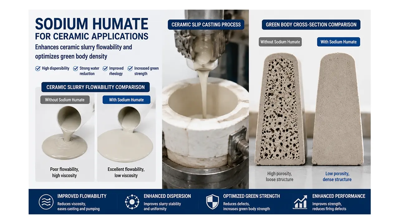 Sodium humate industrial application in ceramics as binder and dispersant for improved green strength