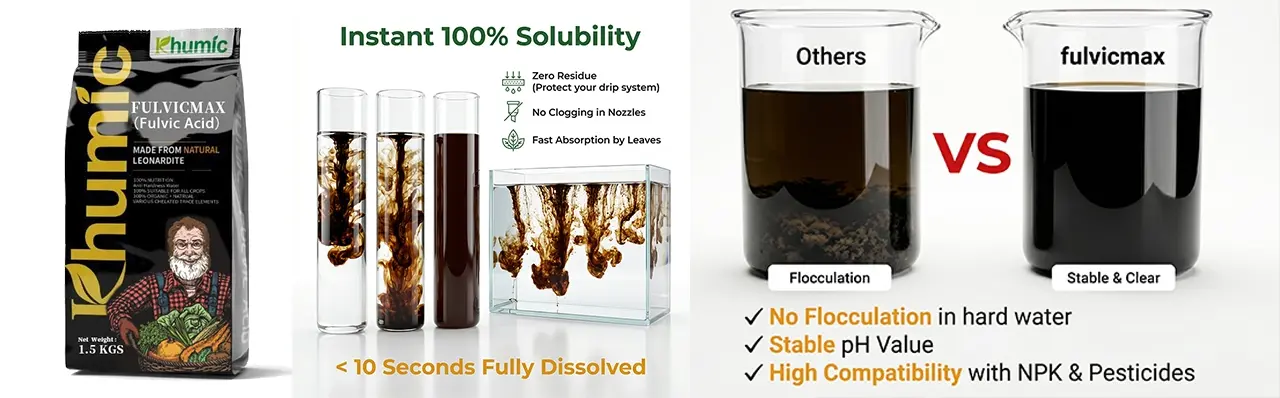 KHUMIC mineral-source fulvic acid powder and its application for high-efficiency foliar spraying in agriculture.