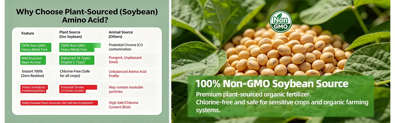 Comparison infographic of plant-source vs animal-source amino acids showing organic soybean origin and heavy metal safety - KHUMIC GROUP