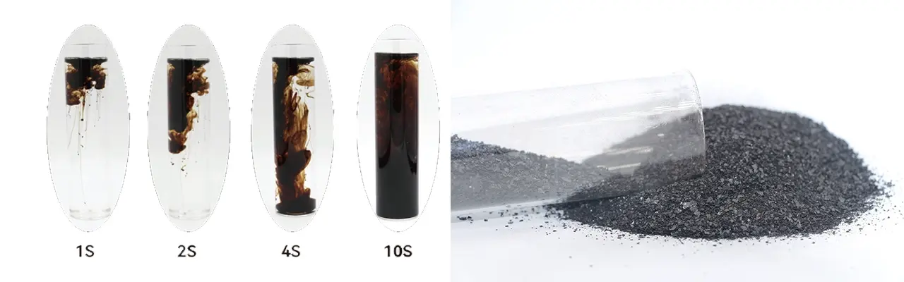 Solubility comparison of humic and fulvic acid showing clear solution gradient and premium black shiny flakes - KHUMIC GROUP