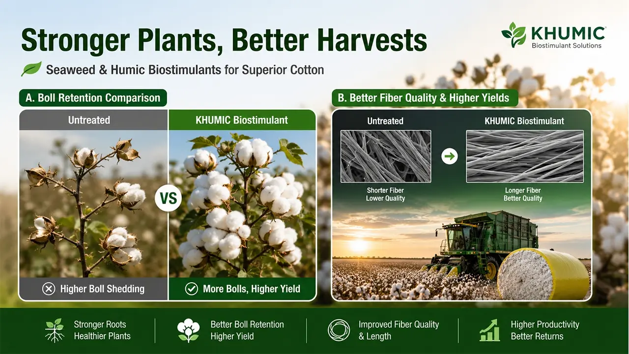 Infographic: Boosting cotton yield and fiber quality with KHUMIC seaweed extract and humic acid solutions